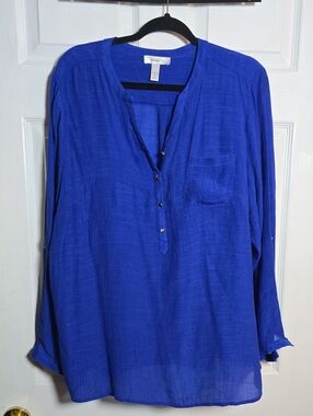 dressbarn 2X Royal Blue Long-Sleeve Henley Tunic
